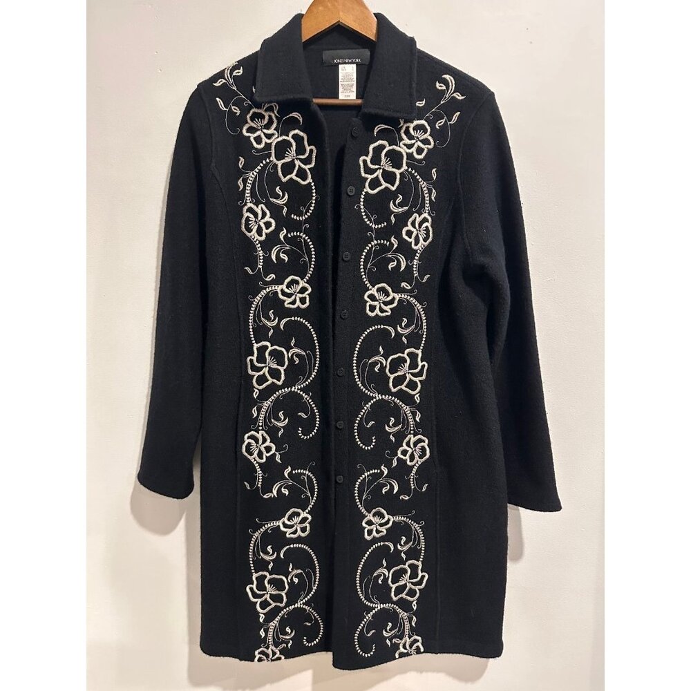 JONES NEW YORK 100% Wool Long Lined Embroidered Coat